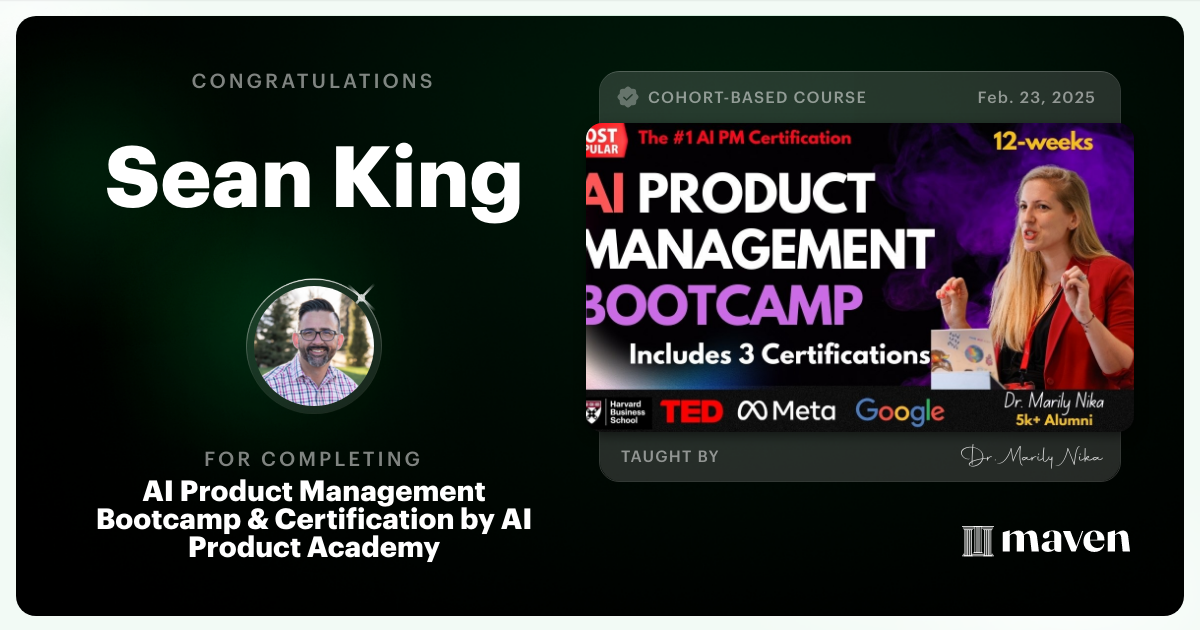 Certificate of Completion for AI Product Management Bootcamp & Certification by AI Product Academy