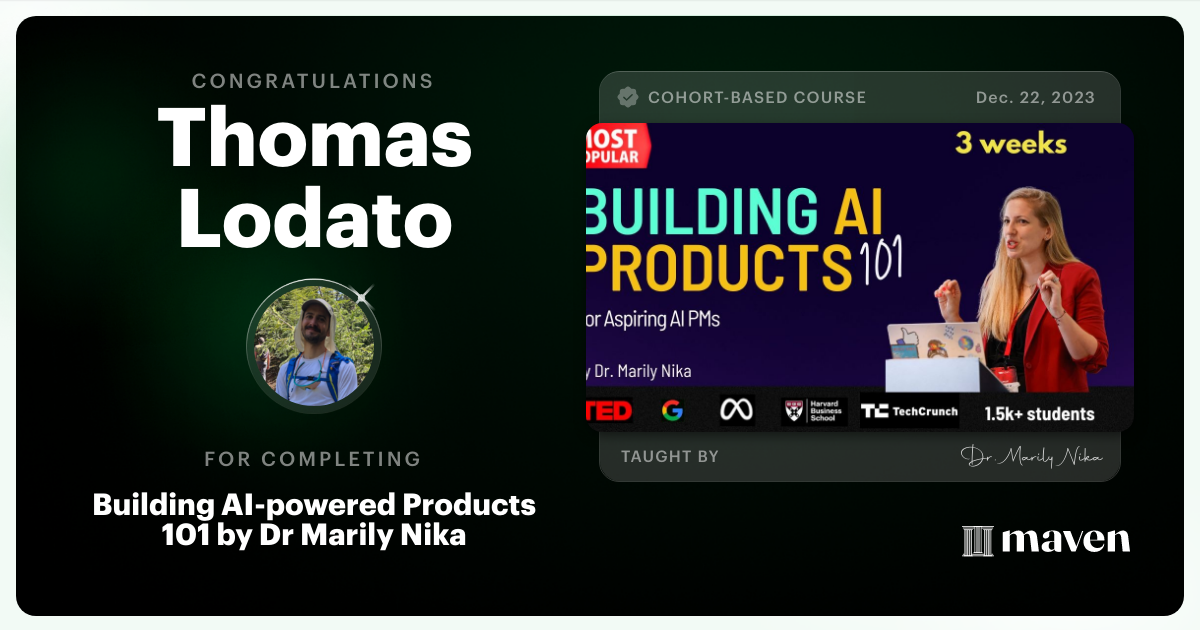 Certificate of Completion for AI Product Management 101 & Certification - Building AI Products end-to-end