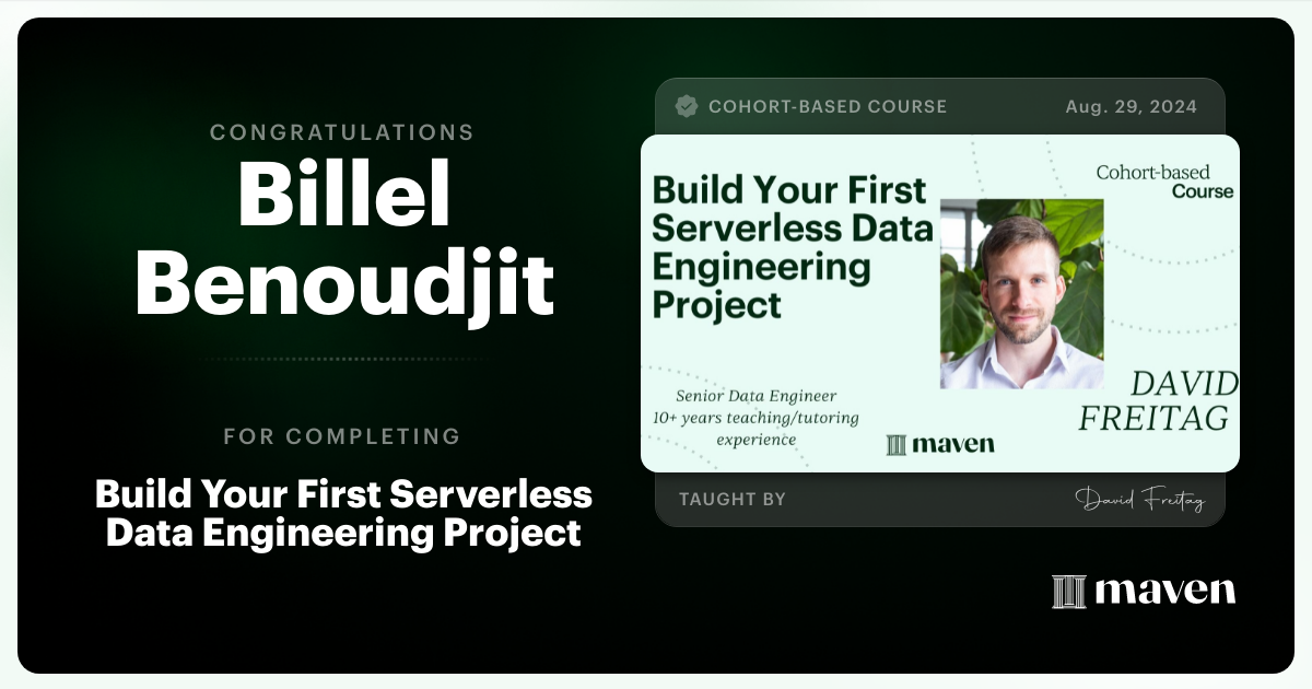 Certificate of Completion for Build Your First Serverless Data Engineering Project