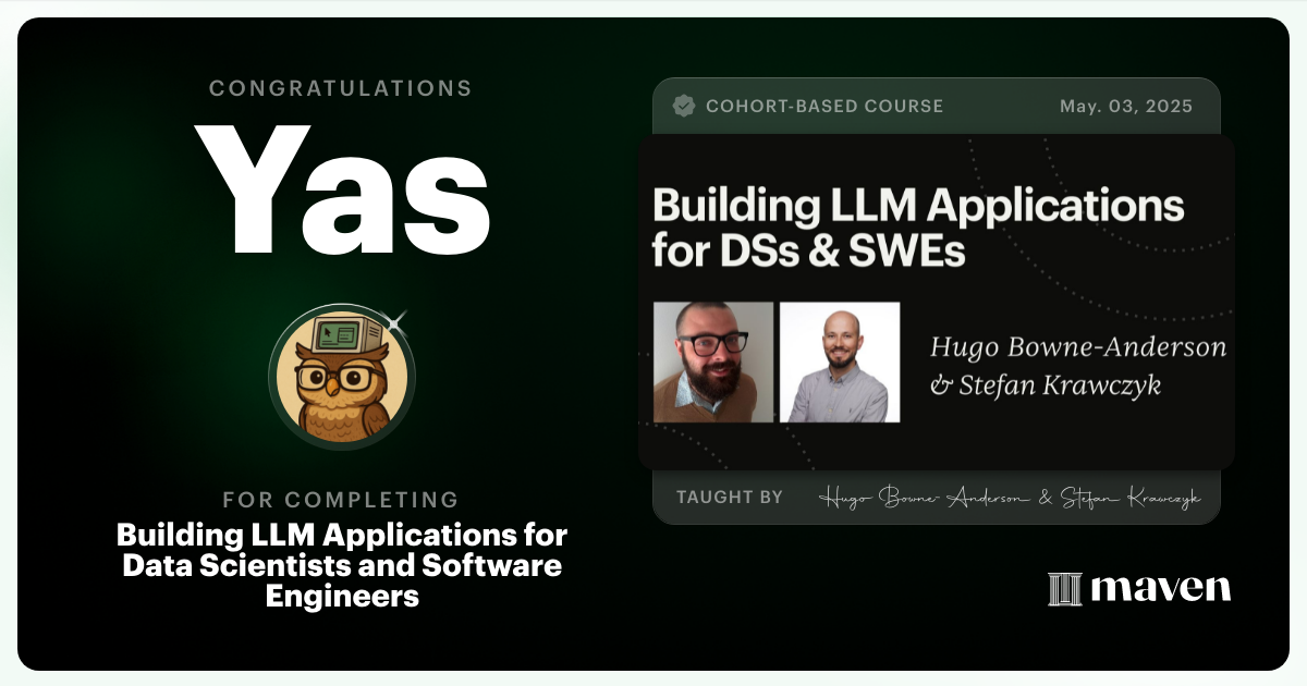 Certificate of Completion for Building AI Applications for Data Scientists and Software Engineers