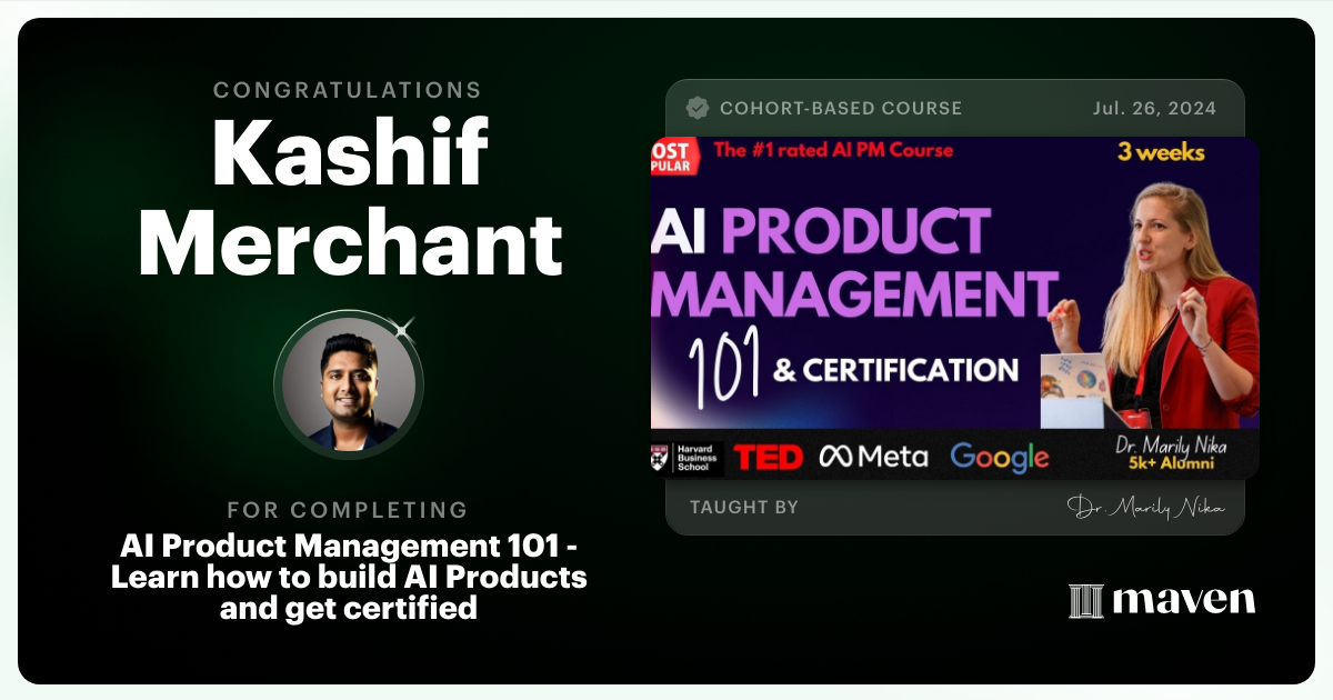 Certificate of Completion for AI Product Management 101 & Certification - Building AI Products end-to-end