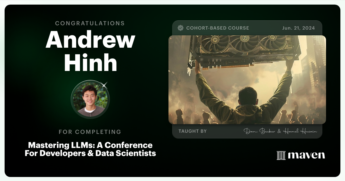 Certificate of Completion for Mastering LLMs For Developers & Data Scientists