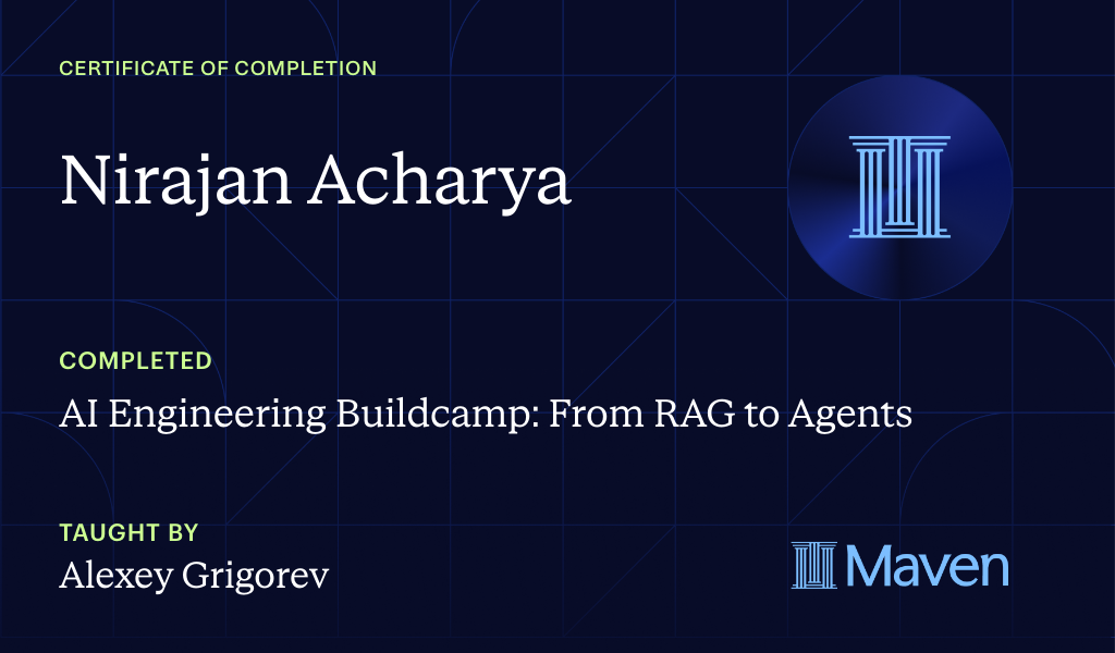 Certificate for AI Engineering Buildcamp: From RAG to Agents