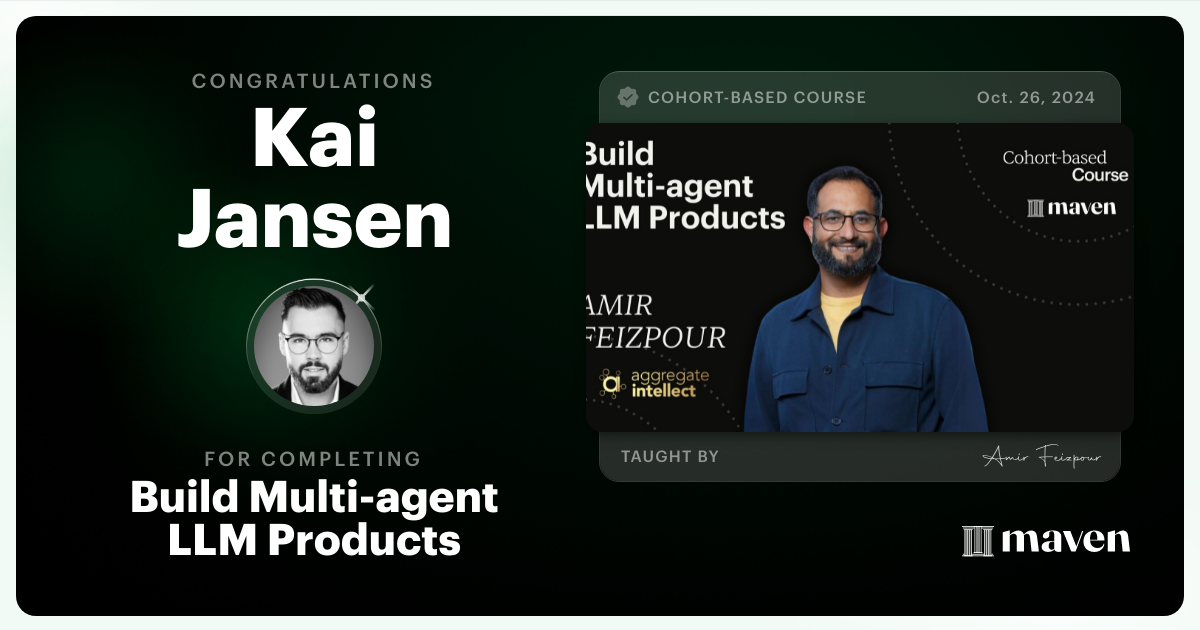 Certificate of Completion for AI Agents for Pragmatic Builders - Claude Code, LangGraph, n8n