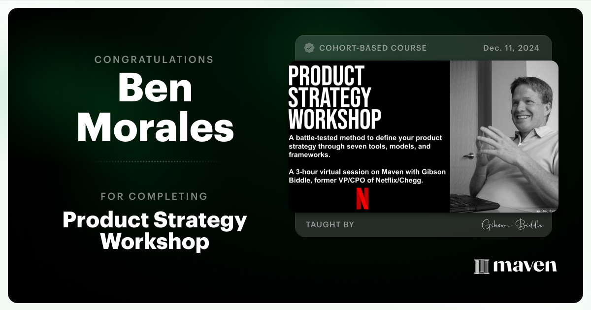 Certificate of Completion for Product Strategy Workshop