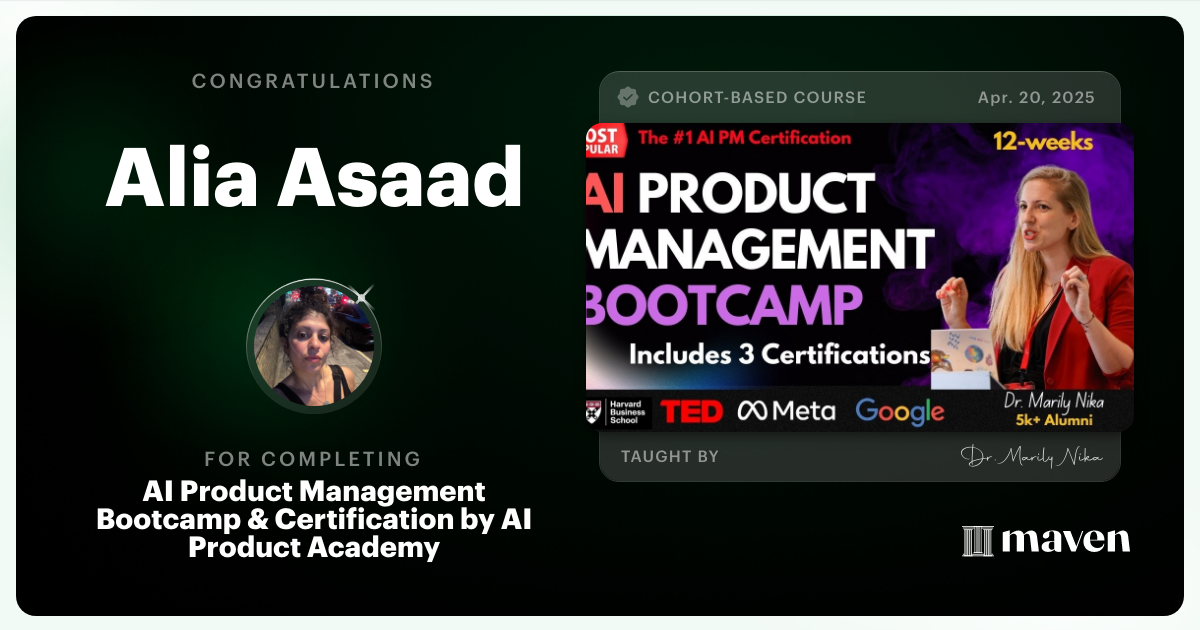 Certificate of Completion for AI Product Management Bootcamp & Certification by AI Product Academy
