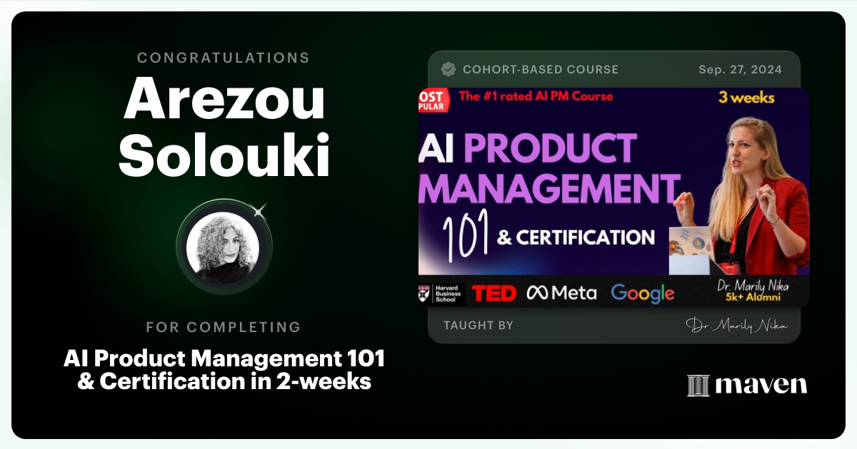 Certificate of Completion for AI Product Management 101 & Certification - Building AI Products end-to-end