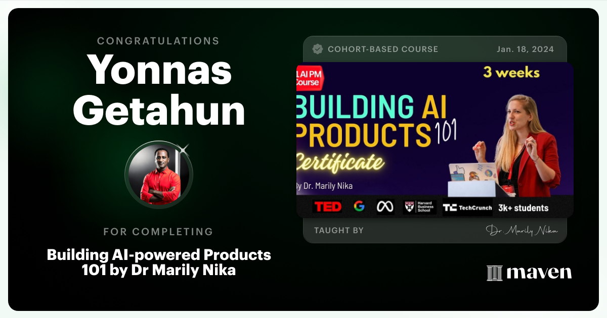 Certificate of Completion for AI Product Management 101 & Certification - Building AI Products end-to-end