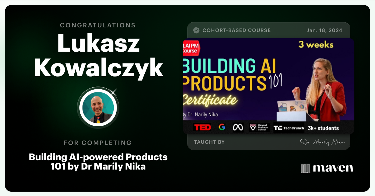 Certificate of Completion for AI Product Management 101 & Certification - Building AI Products end-to-end