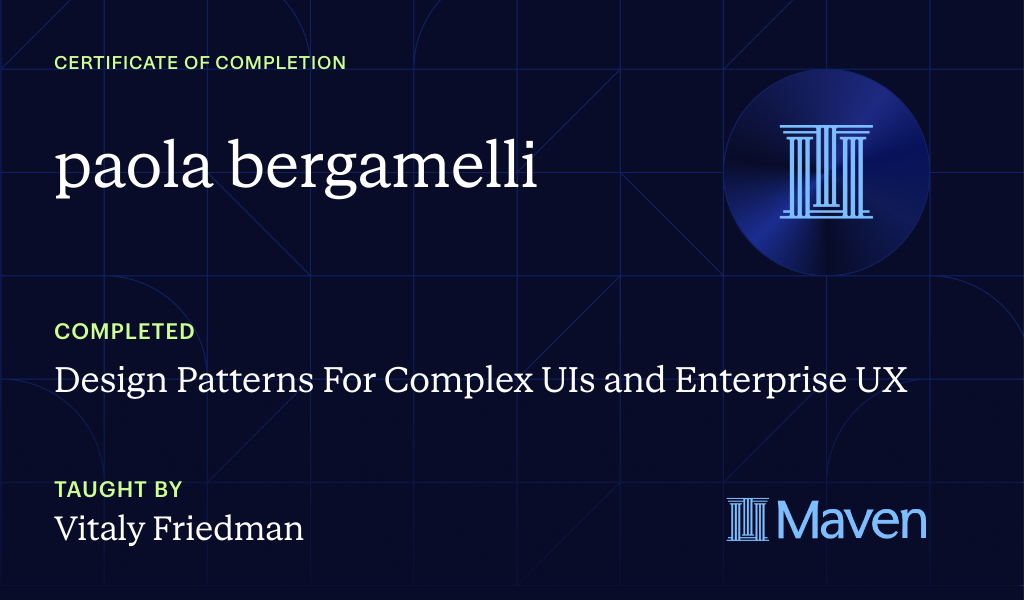 Certificate for Design Patterns For Complex UIs and Enterprise UX