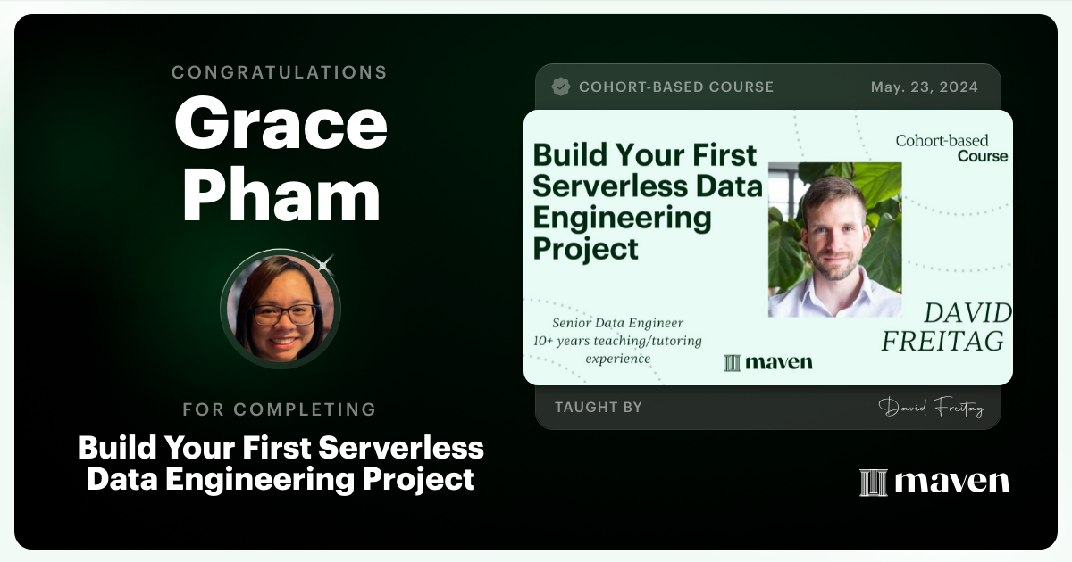 Certificate of Completion for Build Your First Serverless Data Engineering Project