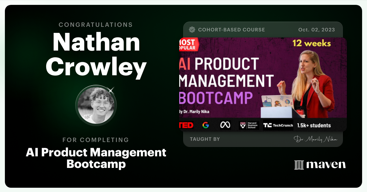 Certificate of Completion for AI Product Management Bootcamp & Certification by AI Product Academy
