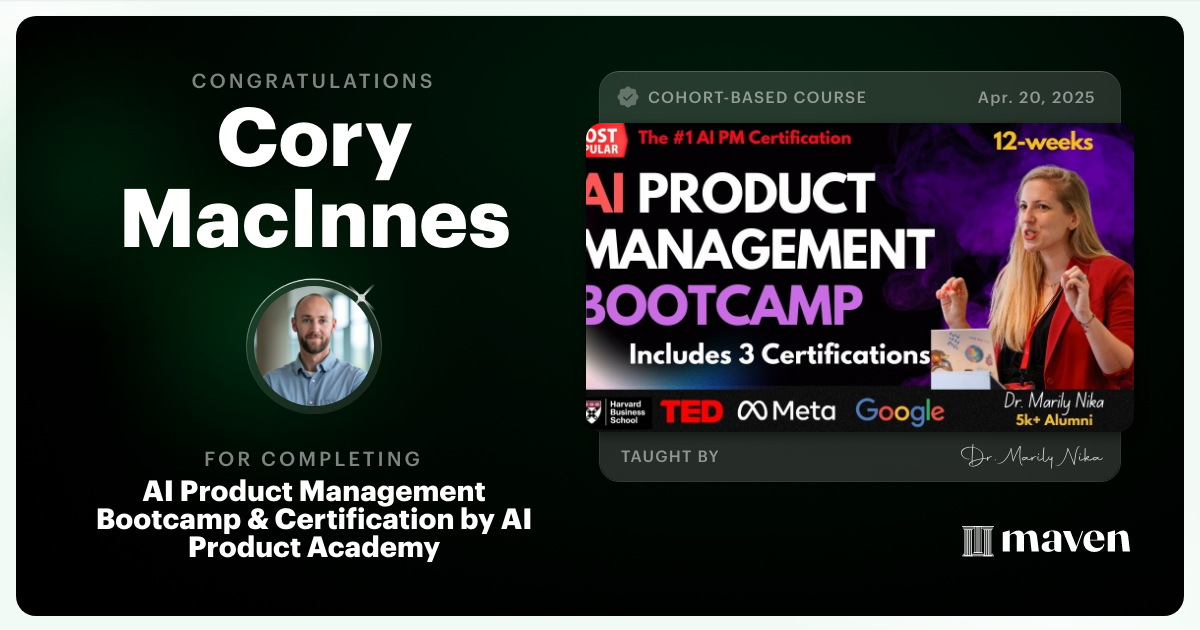 Certificate of Completion for AI Product Management Bootcamp & Certification by AI Product Academy