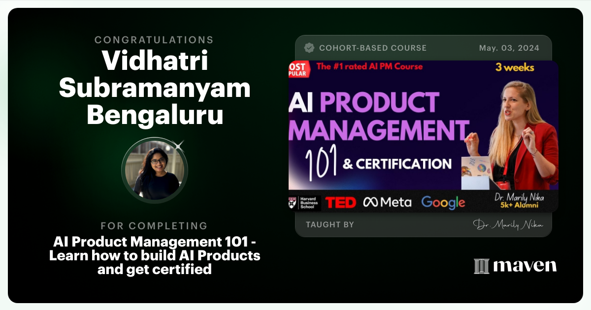 Certificate of Completion for AI Product Management 101 & Certification - Building AI Products end-to-end