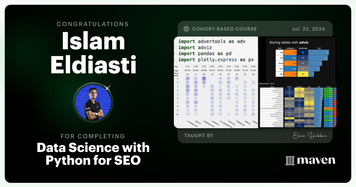 Certificate of Completion for Data Science with Python for SEO