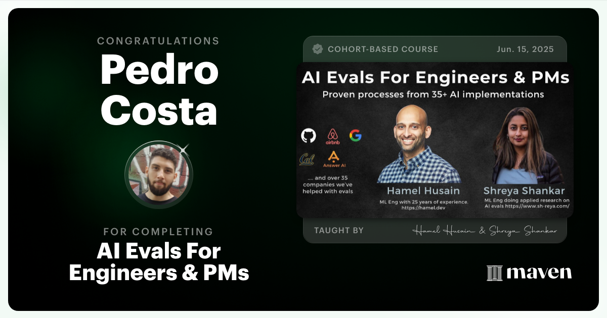 Certificate of Completion for AI Evals For Engineers & PMs