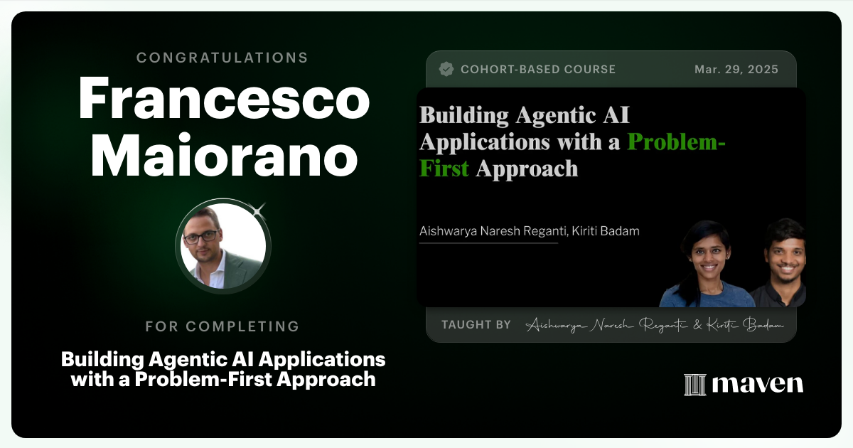 Certificate of Completion for Building Agentic AI Applications with a Problem-First Approach