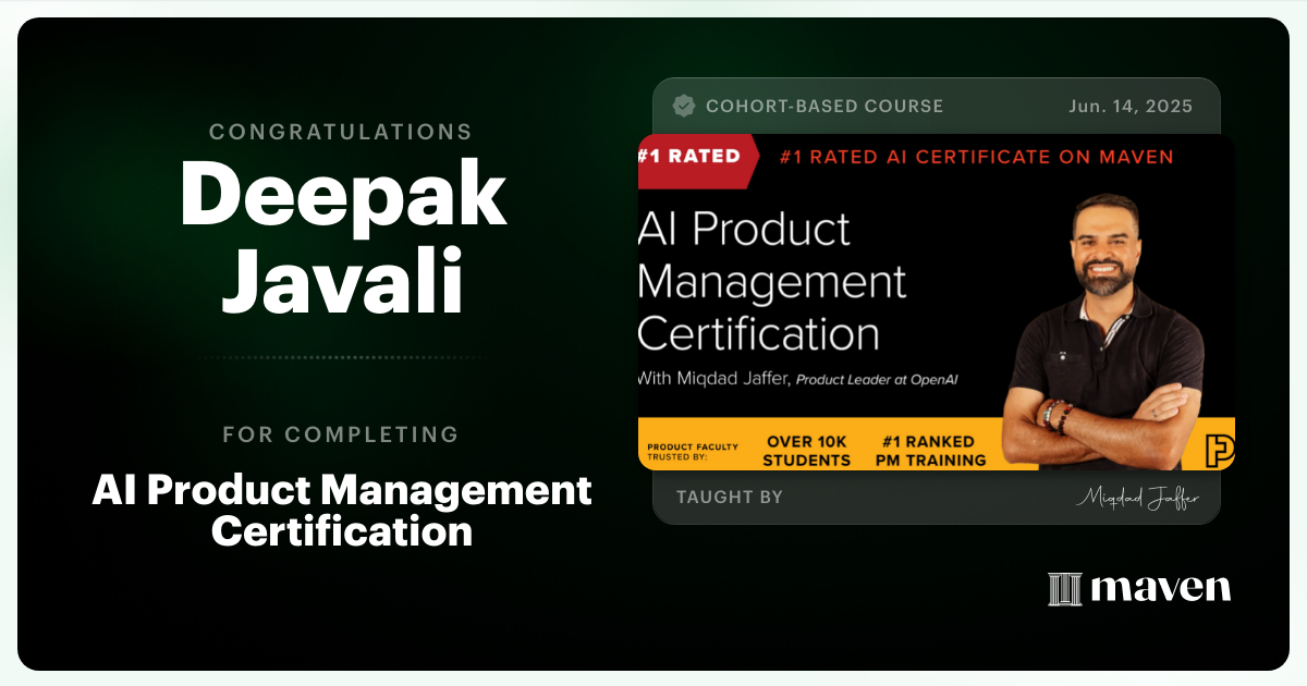 Certificate of Completion for AI Product Management Certification by Product Faculty