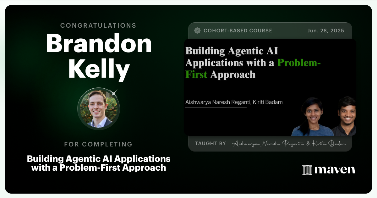 Certificate of Completion for Building Agentic AI Applications with a Problem-First Approach