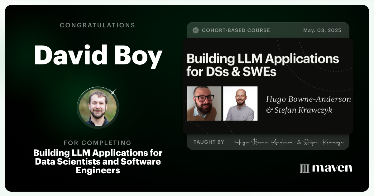 Certificate of Completion for Building AI Applications for Data Scientists and Software Engineers
