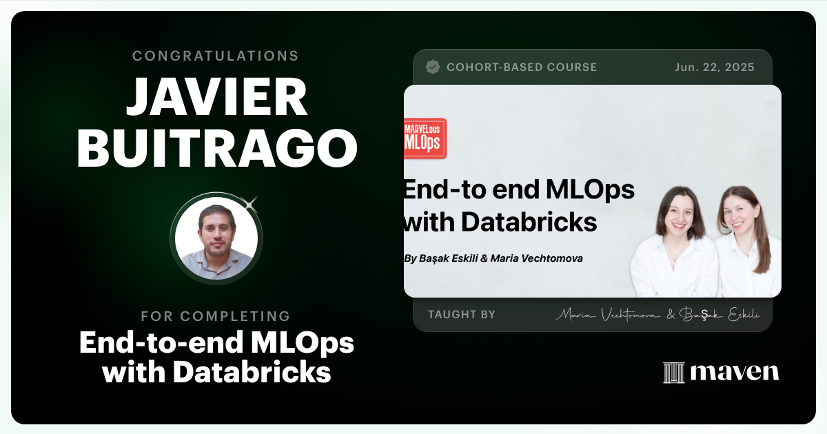 Certificate of Completion for End-to-end MLOps with Databricks