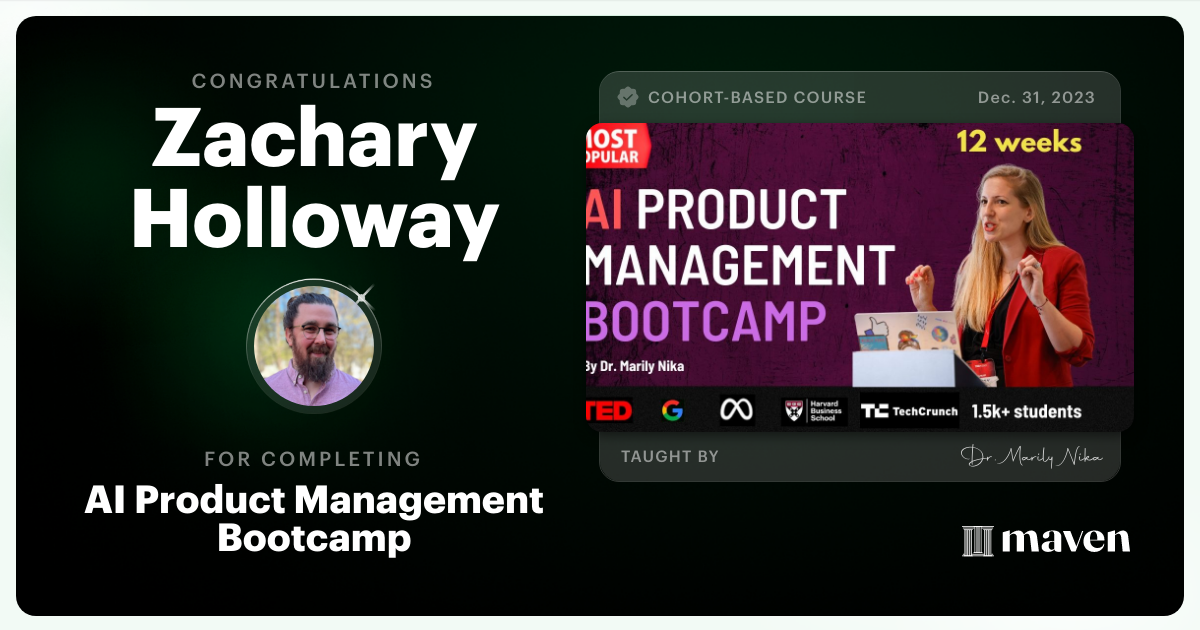 Certificate of Completion for AI Product Management Bootcamp & Certification by AI Product Academy