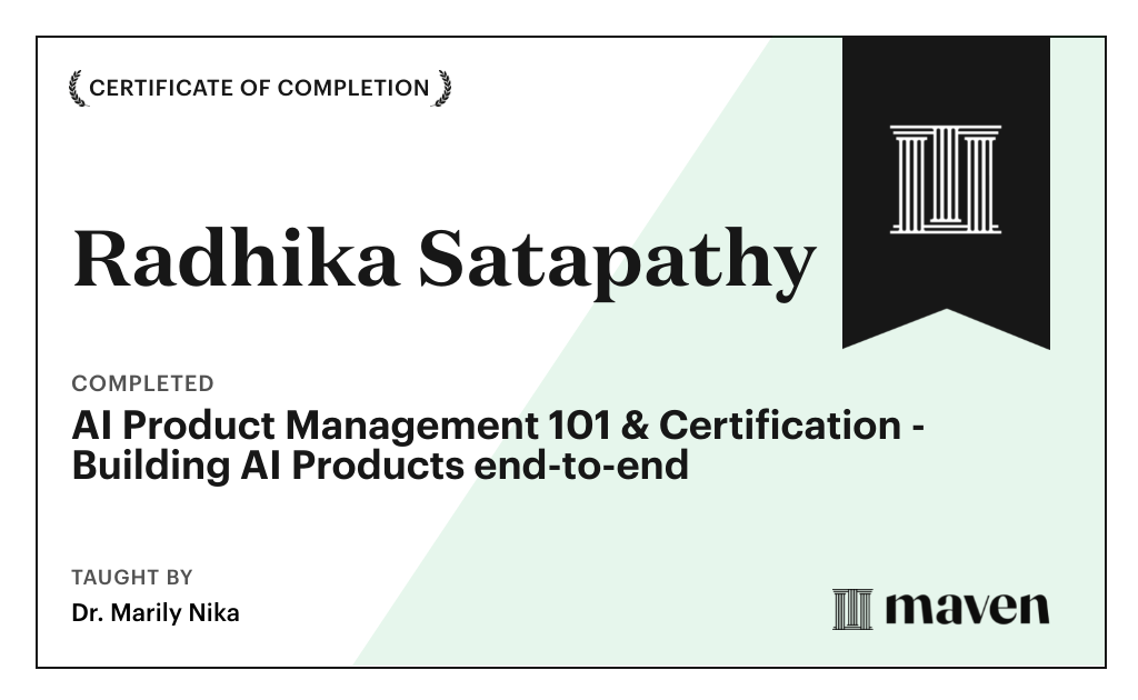 Certificate for AI Product Management 101 & Certification - Building AI Products end-to-end