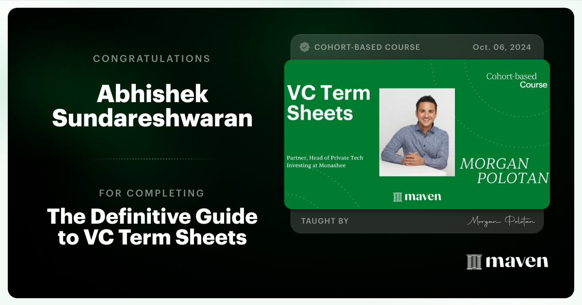 Certificate of Completion for The Definitive Guide to VC Term Sheets