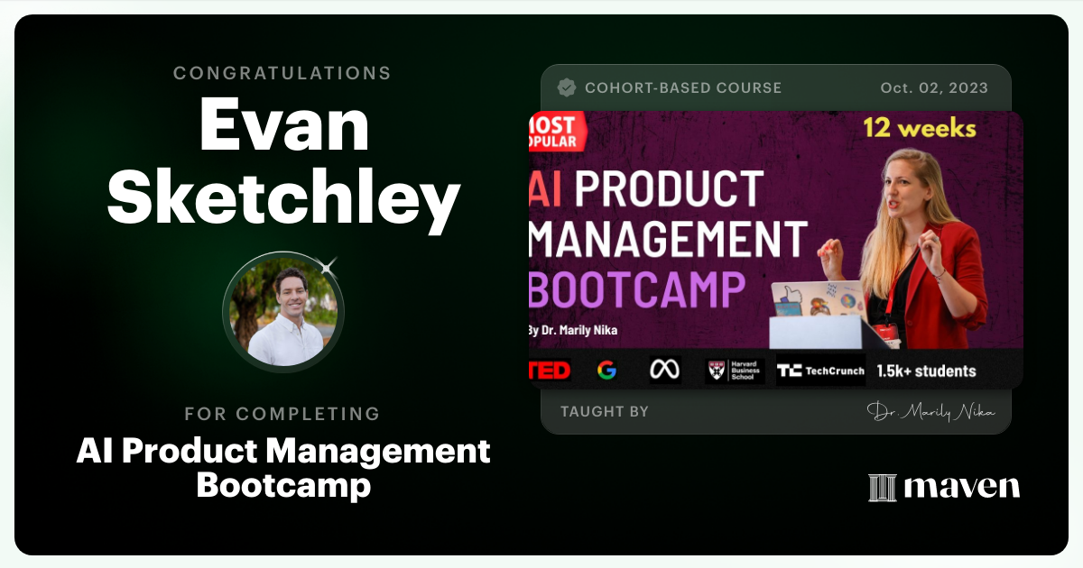 Certificate of Completion for AI Product Management Bootcamp & Certification by AI Product Academy