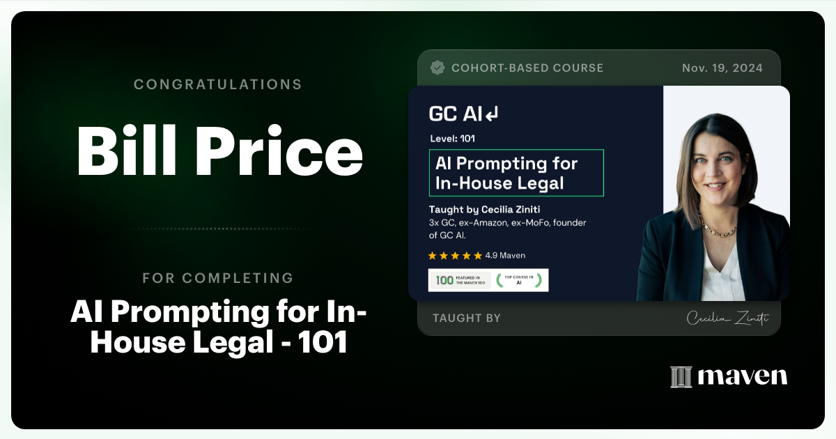 Certificate of Completion for AI Prompting for In-House Legal - 101