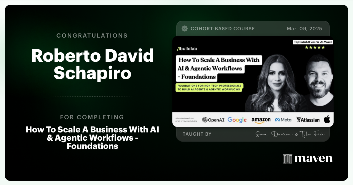 Certificate of Completion for How To Scale A Business With AI & Agentic Workflows - Foundations