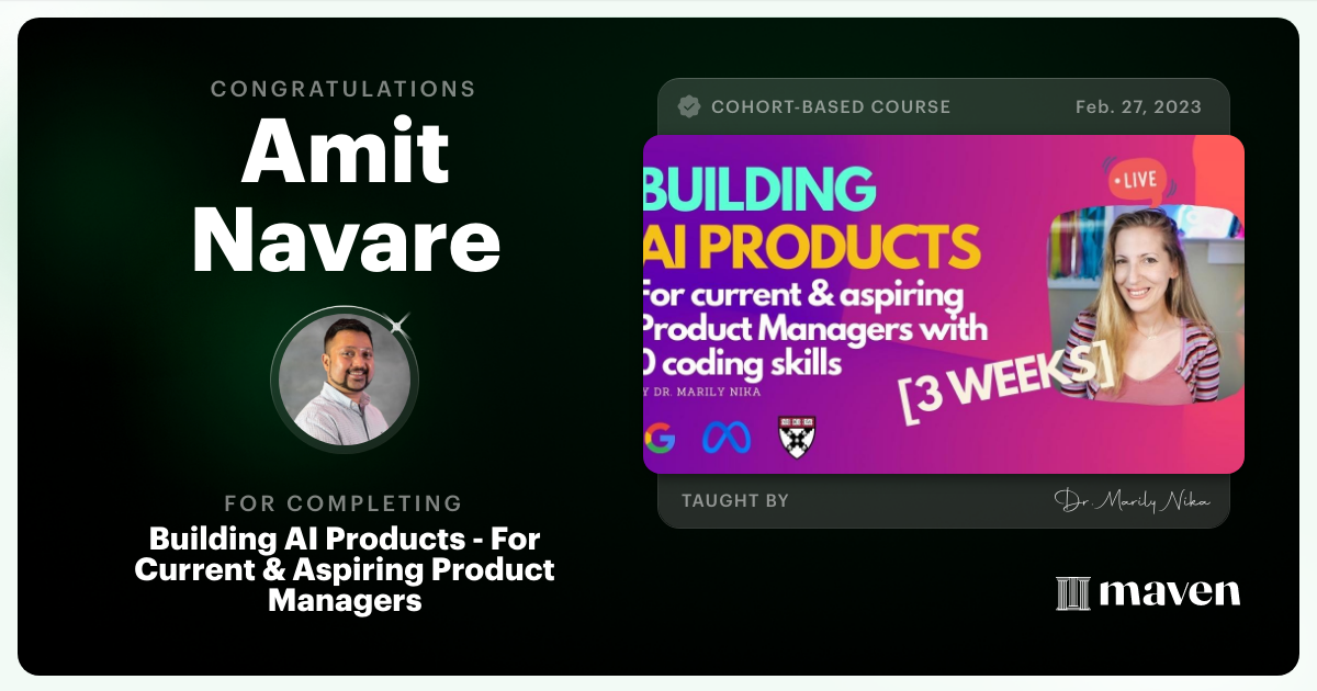 Certificate of Completion for AI Product Management 101 & Certification - Building AI Products end-to-end
