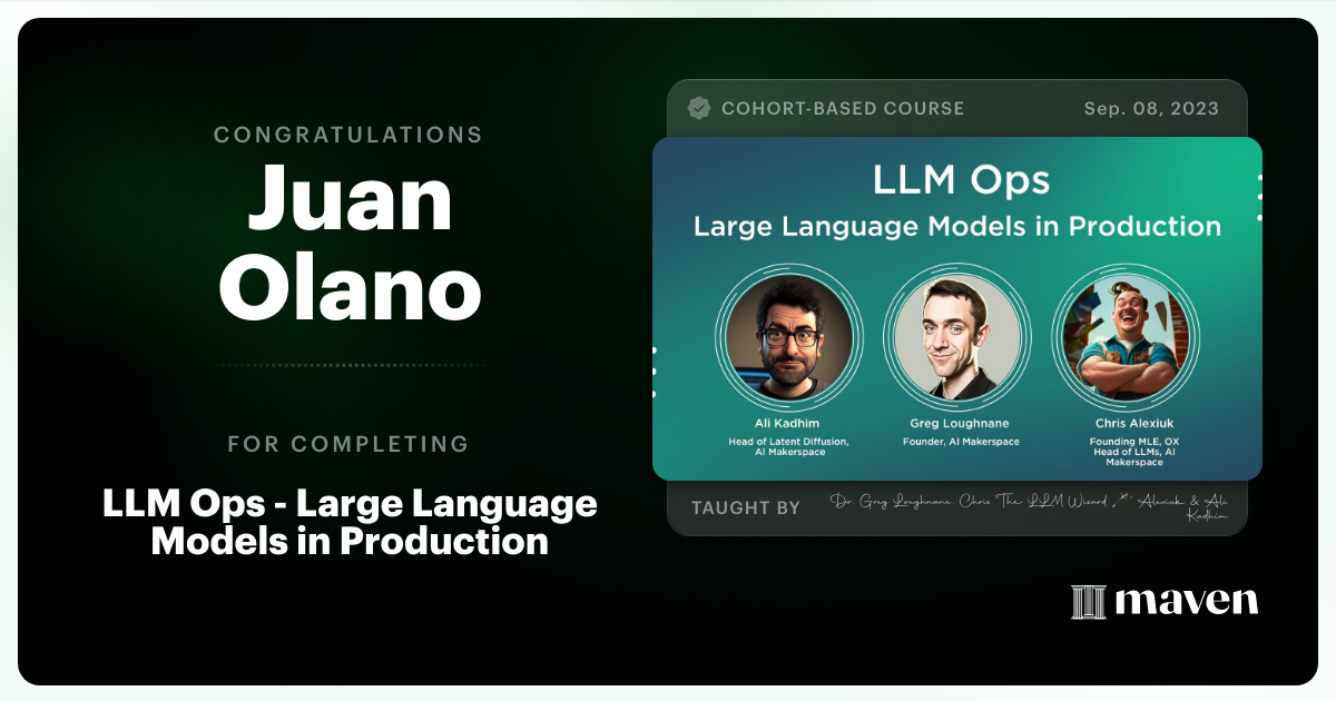 Certificate of Completion for LLM Ops - Large Language Models in Production