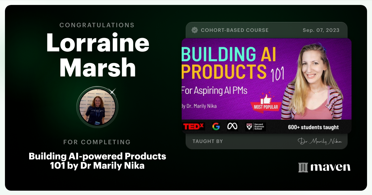 Certificate of Completion for AI Product Management 101 & Certification - Building AI Products end-to-end