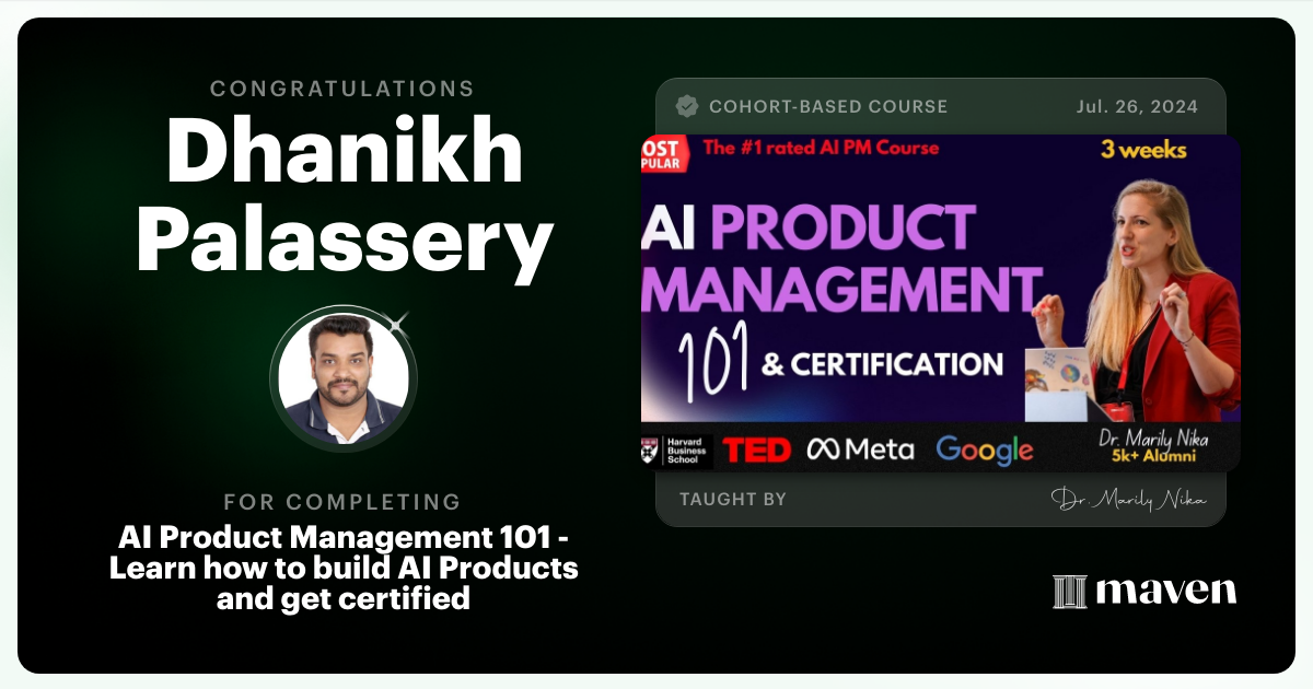 Certificate of Completion for AI Product Management 101 & Certification - Building AI Products end-to-end