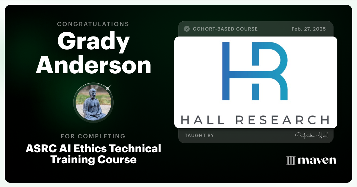 Certificate of Completion for ASRC AI Ethics Technical Training Course