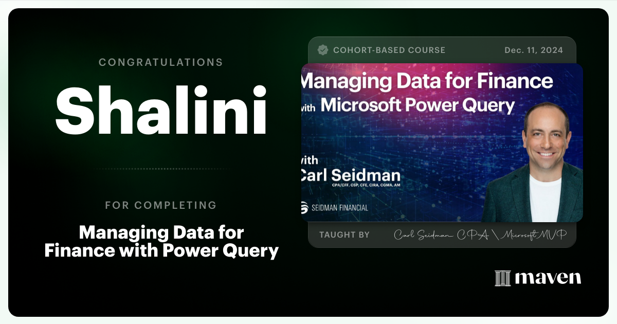 Certificate of Completion for Data Management for Finance with Power Query