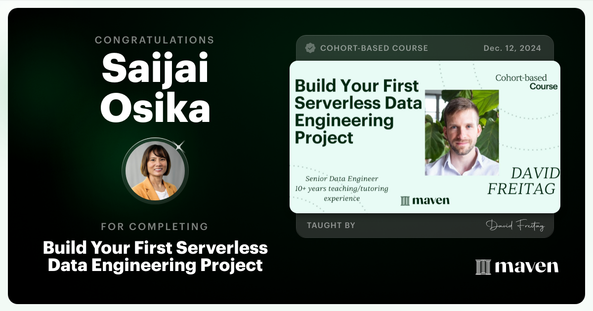 Certificate of Completion for Build Your First Serverless Data Engineering Project