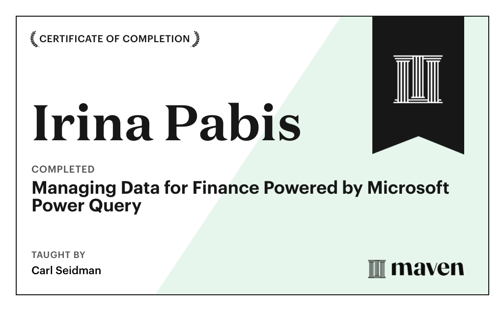 Certificate for Managing Data for Finance Powered by Microsoft Power Query