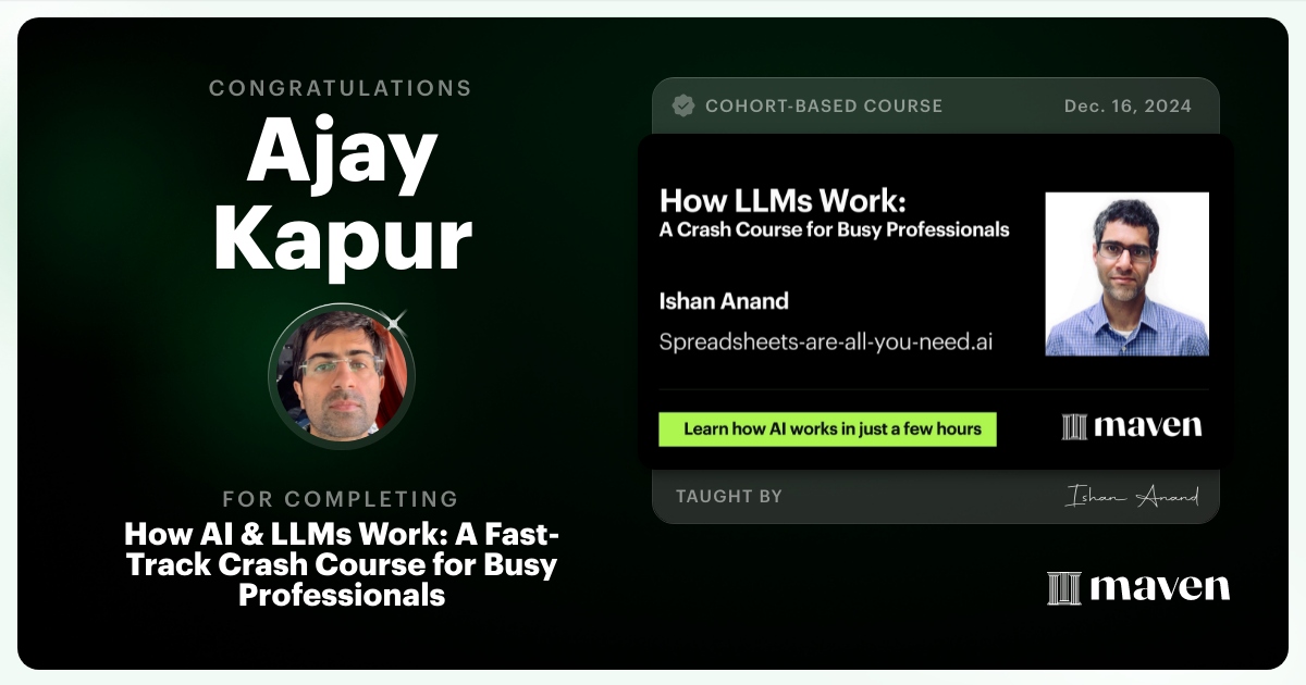 Certificate of Completion for How AI & LLMs Work: A Fast-Track Crash Course for Busy Professionals