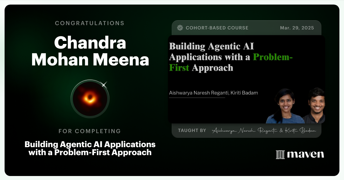Certificate of Completion for Building Agentic AI Applications with a Problem-First Approach