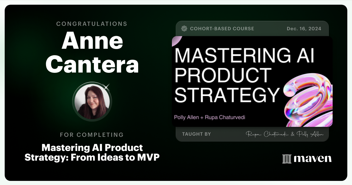 Certificate of Completion for Mastering AI Product Strategy: From Ideas to MVP