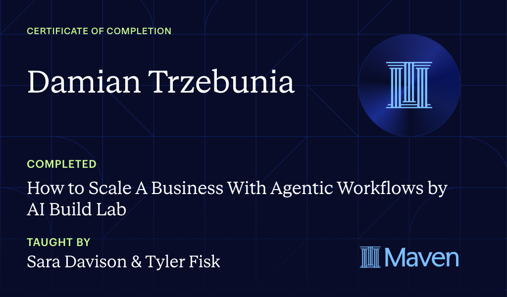 Certificate for How to Scale A Business With Agentic Workflows by AI Build Lab