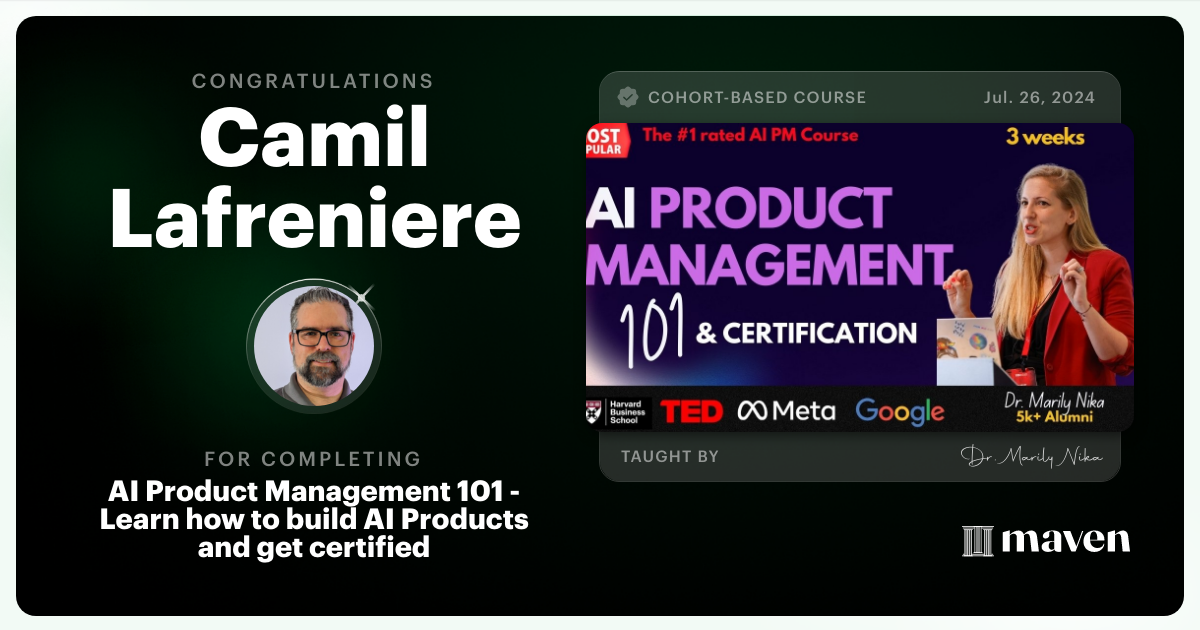 Certificate of Completion for AI Product Management 101 & Certification - Building AI Products end-to-end