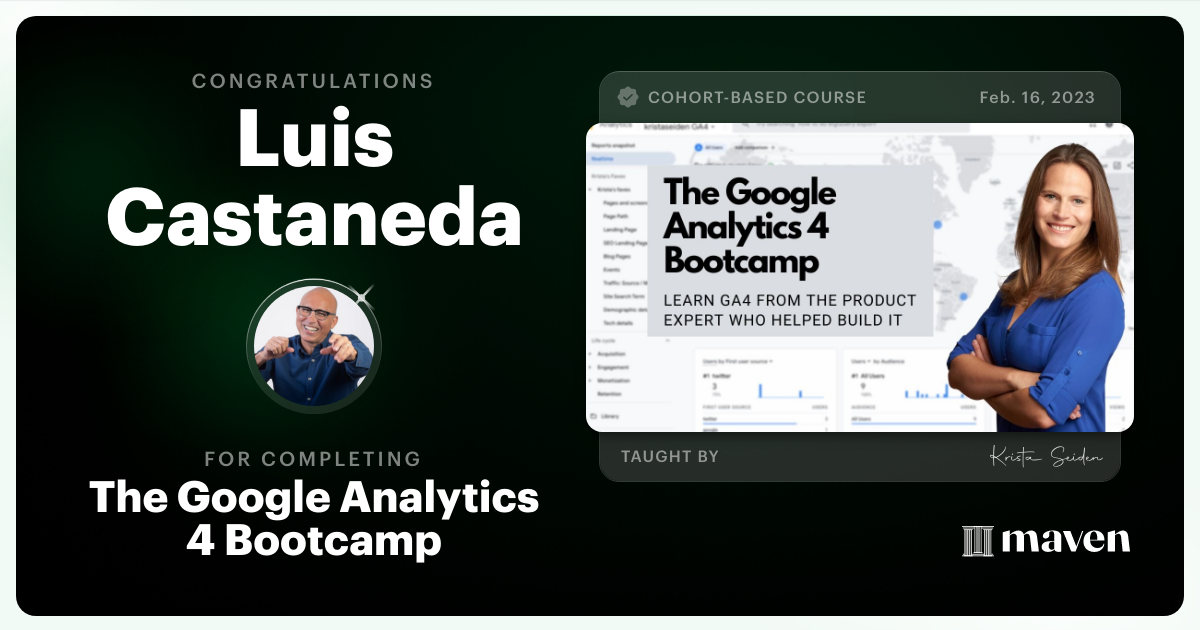 Certificate of Completion for The Google Analytics 4 Bootcamp