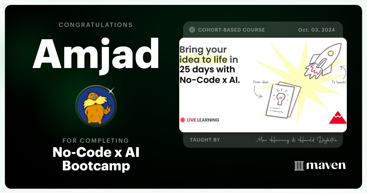 Certificate of Completion for No-Code x AI Bootcamp