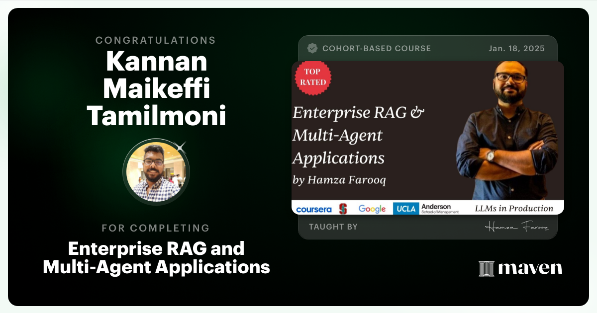 Certificate of Completion for Agent Engineering Bootcamp: Developers Edition