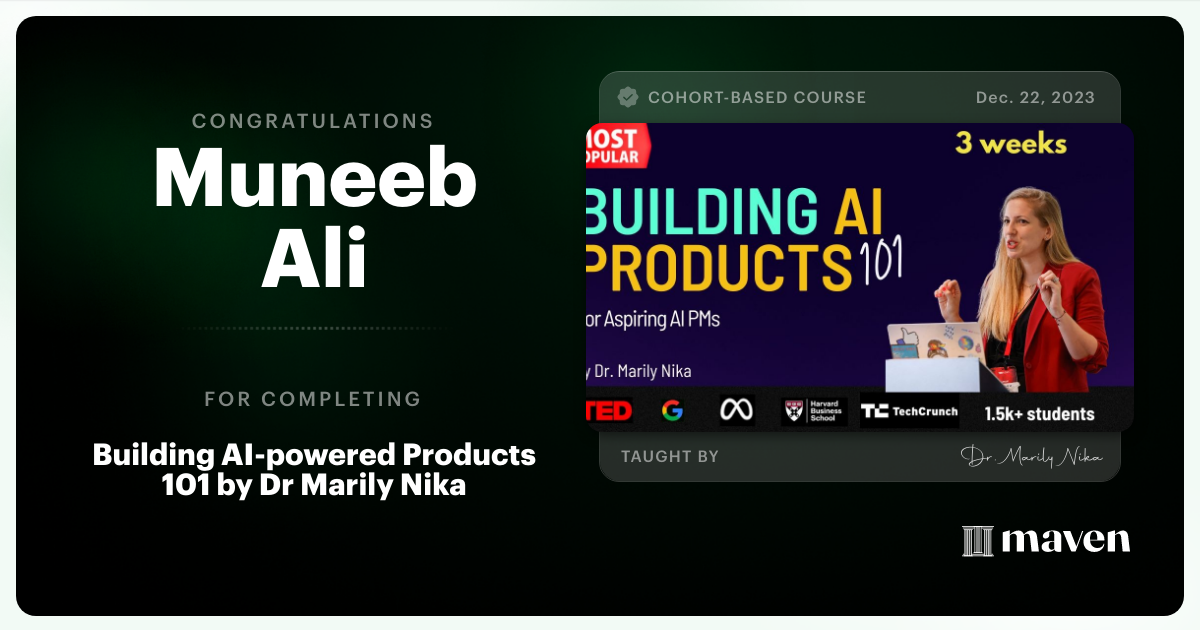 Certificate of Completion for AI Product Management 101 & Certification - Building AI Products end-to-end