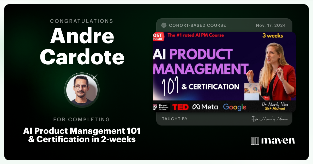 Certificate of Completion for AI Product Management 101 & Certification - Building AI Products end-to-end