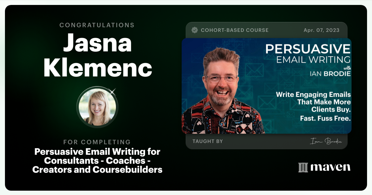Certificate of Completion for Persuasive Email Writing for Consultants - Coaches - Creators and Coursebuilders